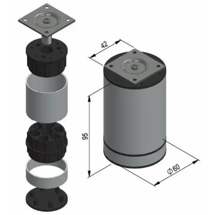 Design-Möbelfüße, 4er-Set, Farbe: Alu Silver, aus Aluminium. Durchmesser: ⌀60 mm. Technische 3D-Zeichnung