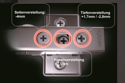 2 gedämpfte Schwerlast-Möbelscharniere für extra schwere und extra dicke Türen bis 30mm! Mit einstellbarem Dämpfer inkl. Montageplatten. Topfband, Möbelband mit Topfgröße 40mm von LAMP® / Japan – Bild 3