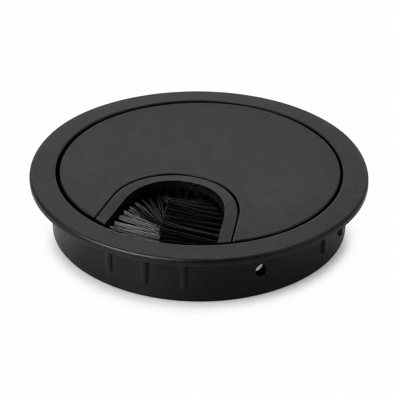 Hochwertige massive Kabeldurchführung aus Zamak, ⌀80 mm (3-5/32″) für Schreibtisch mit Bürstendichtung, Oberfläche: Schwarz. Tisch-Kabelführung und Kabeldurchlass von SISO / Dänemark
