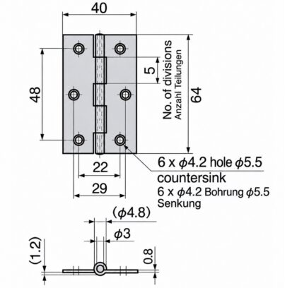 Hochwertiges Aufschraubscharnier, B-1059-3, Größe: 64 mm, von TAKIGEN, Tragkraft: 9,7 kg (21 lbs). Technische Zeichnung