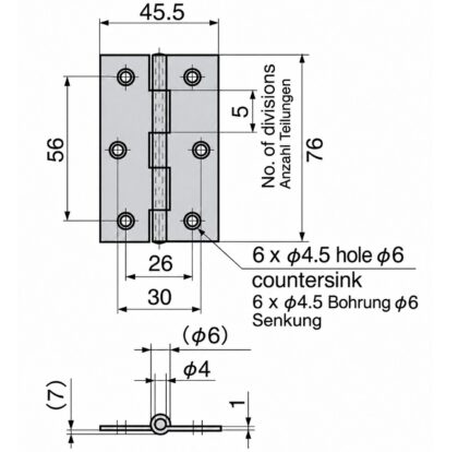 Hochwertiges Aufschraubscharnier, B-1059-2, Größe: 76 mm, von TAKIGEN, Tragkraft: 10 kg (22 lbs). Technische Zeichnung