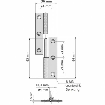 Hochwertiges Aushängescharnier, B-1004-2-L, Höhe: 64 mm, von TAKIGEN, Tragkraft: 10 kg (23 lbs), Ausführung: links. Technische Zeichnung