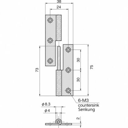 Hochwertiges Aushängescharnier, B-1004-1-L, Höhe: 75 mm, von TAKIGEN, Tragkraft: 15 kg (34 lbs), Ausführung: links. Technische Zeichnung