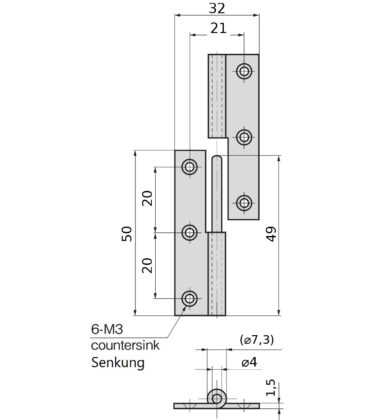 Hochwertiges Aushängescharnier, B-1004-3-R, Höhe: 50 mm, von TAKIGEN, Tragkraft: 7 kg (16 lbs), Ausführung: rechts. Technische Zeichnung