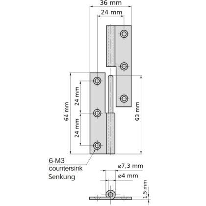 Hochwertiges Aushängescharnier, B-1004-2-R, Höhe: 64 mm, von TAKIGEN, Tragkraft: 10 kg (23 lbs), Ausführung: rechts. Technische Zeichnung