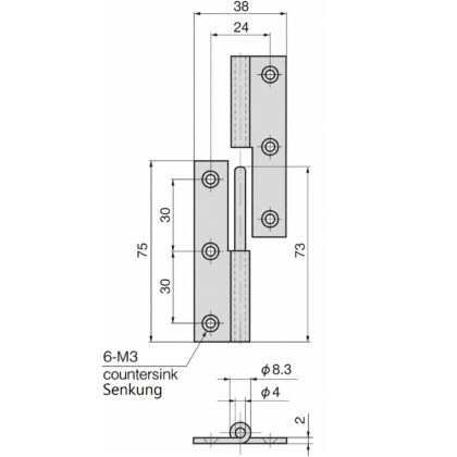 Hochwertiges Aushängescharnier, B-1004-1-R, Höhe: 75 mm, von TAKIGEN, Tragkraft: 15 kg (34 lbs), Ausführung: rechts. Technische Zeichnung