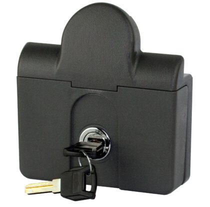 Bezahlmünzschloss mit Münzbehälter für 1-Euro-Münze, 14.60.250-0, von SISO, Ausführung: linksschließend. Vorderseite mit Schlüssel