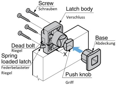 Hochwertiger Druckknopf-Verschluss mit Grifffunktion, aus Messing, Oberfläche: verchromt, Ausführung: quadratisch, TLP-S-BB-CR und TLP-LBM(W). Massiver Druckknopf für Yacht und viel mehr, von Sugatsune / LAMP® (Japan) – Bild 8