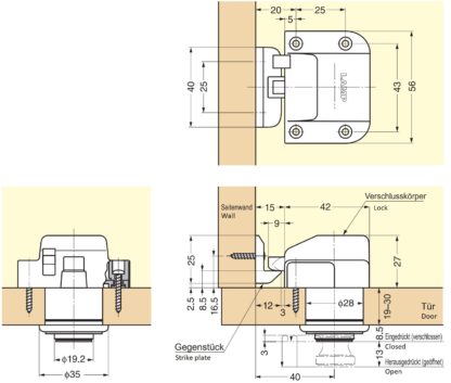 Hochwertiger Druckknopf-Verschluss mit Grifffunktion, aus Messing, Oberfläche: vernickelt, satiniert matt, Ausführung: rund, TLP-WB und TLP-LBM(W). Massiver Druckknopf für Wohnwagen, Yacht und viel mehr, von Sugatsune / LAMP® (Japan) – Bild 2