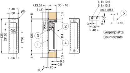 Einlassgriffmuschel aus Zinklegierung mit integriertem ausklappbarem Türstopper, Oberfläche: vernickelt, satiniert matt, 135 mm (5,4″) HH-P135SN. Einlassgriff HH-P135SN mit Anschlagspuffer für Schiebetüre, von Sugatsune / LAMP® (Japan) – Bild 4