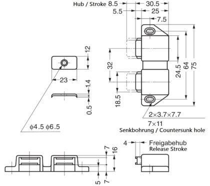 Kompakter Magnet-Druckschnäpper, inkl. Gegenplatte ML-30WBR, 25 mm (63/64″) von Sugatsune, braun, Ausführung: mit 2 Stößeln. Technische Zeichnung