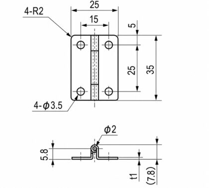 Kompaktes gekröpftes Scharnier, TH-25SUS, Höhe: 35 mm, von TOCHIGIYA, Tragkraft: 4,5 kg (10 lbs). Technische Zeichnung