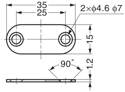Langovale Magnet-Gegenplatte mit 2 Senkbohrungen, MC-YN001U-BL, 35 mm (1-3/8″), von Sugatsune, schwarz. Technische Zeichnung