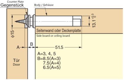 Magnet-Druckschnäpper, zum Einbohren, inkl. Gegenplatte MC-U60 von Sugatsune. Montagezeichnung