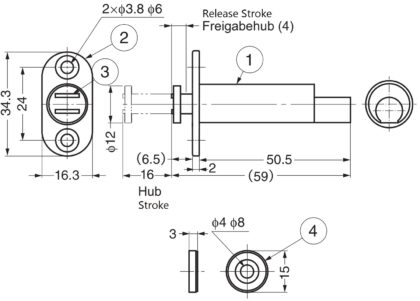 Magnet-Druckschnäpper, zum Einbohren, inkl. Gegenplatte MC-U60 von Sugatsune. Technische Zeichnung