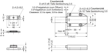 Magnet-Druckschnäpper, inkl. Gegenplatte ML-120BL, 70 mm (2-3/4″) von Sugatsune, schwarz, Ausführung: mit langem Stößel. Technische Zeichnung