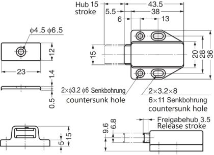 Hochwertiger Magnet-Druckschnäpper, inkl. Gegenplatte ML-80W, 38 mm (1-1/2″) von Sugatsune, weiß. Technische Zeichnung