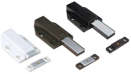 Magnet-Druckschnäpper, inkl. Gegenplatte ML-120W, 70 mm (2-3/4″) von Sugatsune, weiß, Ausführung: mit langem Stößel. Lieferbar in 3 Farben: Schwarz, Weiß und Braun