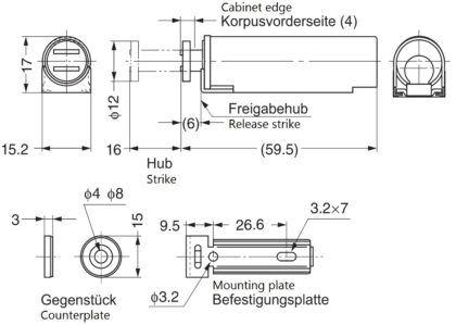 Magnet-Druckschnäpper, mit Gehäuse aus Edelstahl, inkl. Gegenplatte MC-S60 von Sugatsune. Technische Zeichnung
