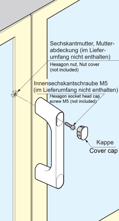 Hochwertiger massiver Gerätegriff aus Zinklegierung (ZDC), verchromt, satiniert matt mit hellblauen Abdeckkappen, 145 mm (5,8″) KMH-120-BU. Maschinengriff KMH-120-BU für Industrieschrank, Produktionsanlage, Maschinenbau, von Sugatsune / LAMP® (Japan) – Bild 3