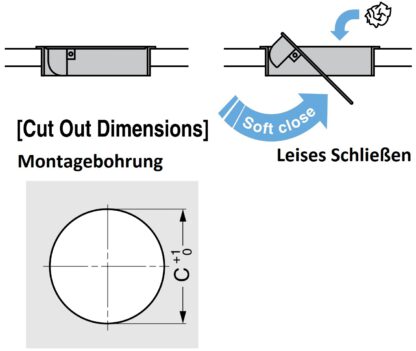 Hochwertige Müllklappe mit Soft-Close, aus rostfreiem Edelstahl, Oberfläche: satiniert matt, 220 mm (8,7″), Ausführung: rundförmig, AD-GD020-HL. Selbstschließende Edelstahlmüllklappe, für Küchenmöbel und viel mehr, von Sugatsune / LAMP® (Japan) – Bild 5