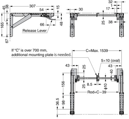 Praktische Verbindungsstange EB-907560 und EB-907572 von Sugatsune, Ausführung: für zwei Klappkonsolen. Technische Zeichnung