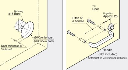 Push-Knopf-Verschluss für dicke Möbeltüren von 22 bis 25 mm SL-B251-BR von Sugatsune, braun. Montage des Griffs
