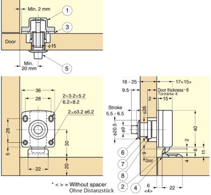 Push-Knopf-Verschluss für dicke Möbeltüren von 22 bis 25 mm SL-B251-I von Sugatsune, Elfenbein. Technische Zeichnung