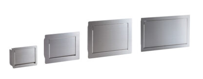 Hochwertige rechteckige Müllklappe für die senkrechte Montage mit Soft-Close, aus rostfreiem Edelstahl, Oberfläche: satiniert matt, 182 mm (7,2″), AZ-GD180-HL. Edelstahlmüllklappe, für Gastronomie und viel mehr, von Sugatsune / LAMP® (Japan) – Bild 3