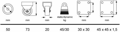 Robuste Möbelrolle, 08.12.150-1, Durchmesser: ⌀50 mm, von SISO, Tragkraft: 120 kg (265 lbs). Technische Zeichnung
