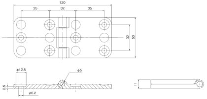 Robuuste zware meubelband, inclusief schroeven, F136-50-BK, maat: 120 mm, van Kojima, zwart, satijnmat. Technisch Tekenen