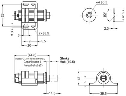 Runder Magnet-Druckschnäpper mit Verstellmöglichkeit, inkl. Gegenplatte MC-25BL von Sugatsune, schwarz. Technische Zeichnung