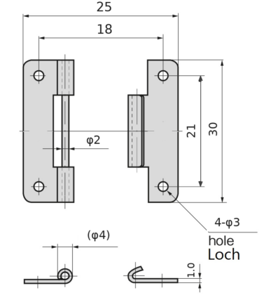 Hochwertiges Steckscharnier, B-1006-5, Höhe: 30 mm, von TAKIGEN, Tragkraft: 2 kg (5 lbs). Technische Zeichnung
