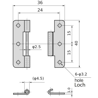 Charnière encapsulable de haute qualité, B-1006-3, hauteur : 40 mm, de TAKIGEN, capacité de charge : 4 kg (9 lbs). Dessin technique