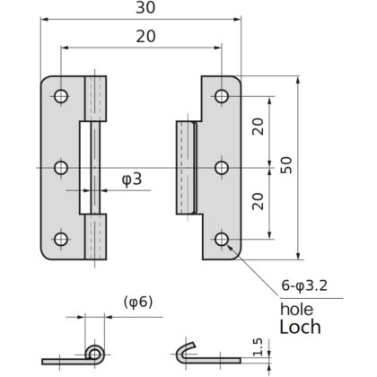 Hochwertiges Steckscharnier, B-1006-2, Höhe: 50 mm, von TAKIGEN, Tragkraft: 6 kg (14 lbs). Technische Zeichnung