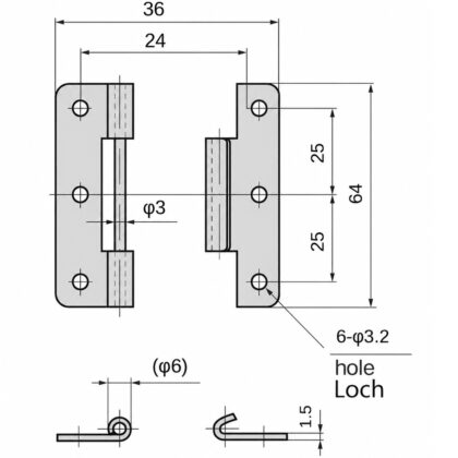Hoogwaardige push-in scharnier, B-1006-1, hoogte: 64 mm, van TAKIGEN, laadvermogen: 8 kg (18 lbs). Technisch Tekenen