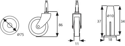 Klassische Teewagenrolle, 08.01.110-1, Durchmesser: ⌀75 mm, von SISO, Tragkraft: 60 kg (133 lbs), vernickelt. Technische Zeichnung