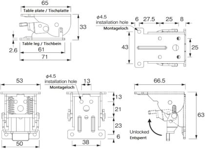 Robuster Tischbein-Klappbeschlag, B205-KTL-BK, von Kojima, verzinkt, gelb. Technische Zeichnung