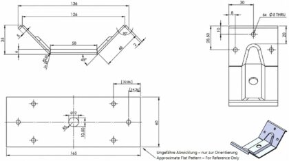 Robuster Tischwinkelbeschlag, 11.07.040-1, Breite: 126 mm, von SISO, Ausführung: 1 Loch für die zentrale Befestigung. Technische Zeichnung