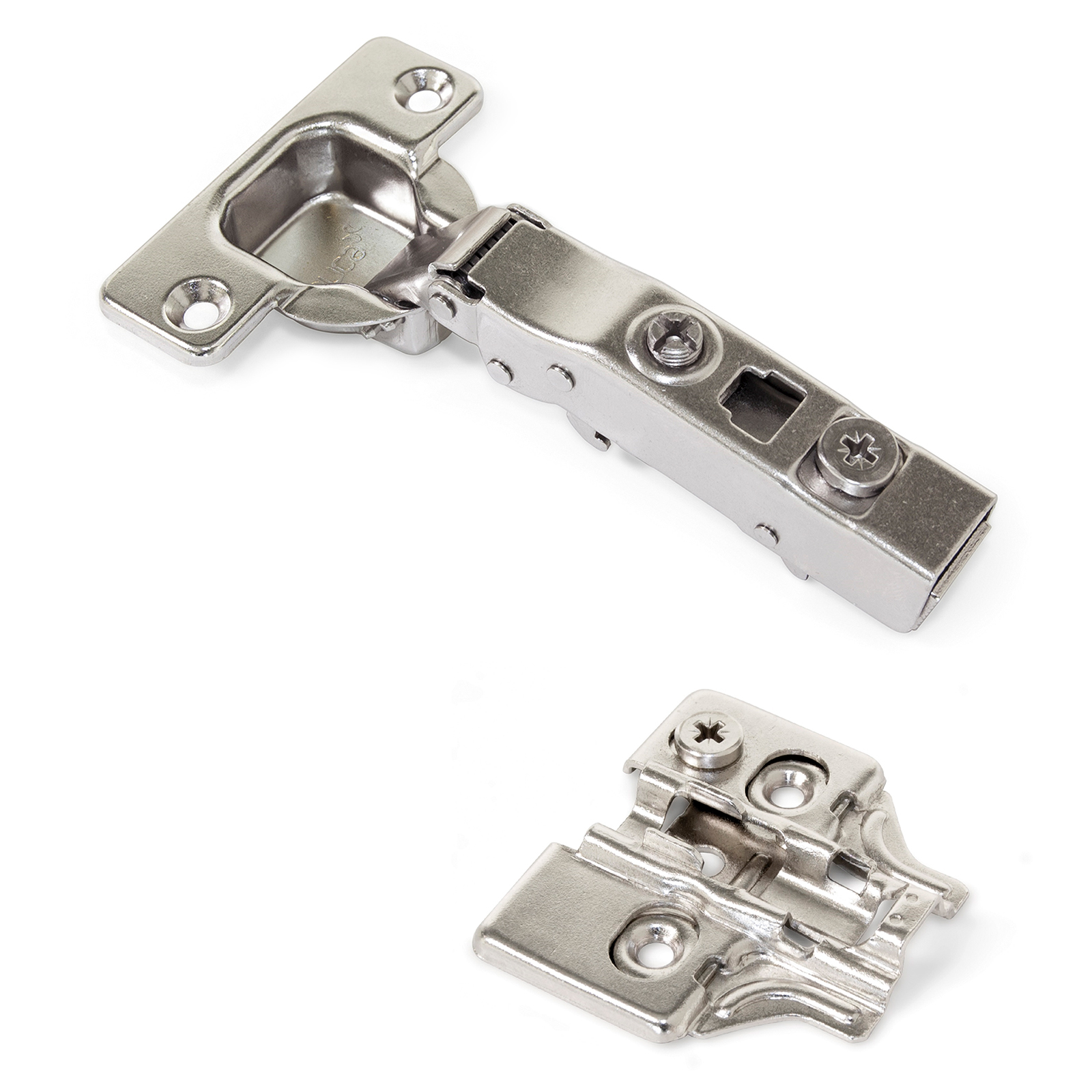 Topfscharnier, Soft-Close, Aufklipsmontage, 3D-verstellbar, inkl. Montageplatte, Oberfläche: vernickelt, Ausführung: aufliegend, 1040007. Topfband für Möbel, Schränke und vieles mehr, von EMUCA