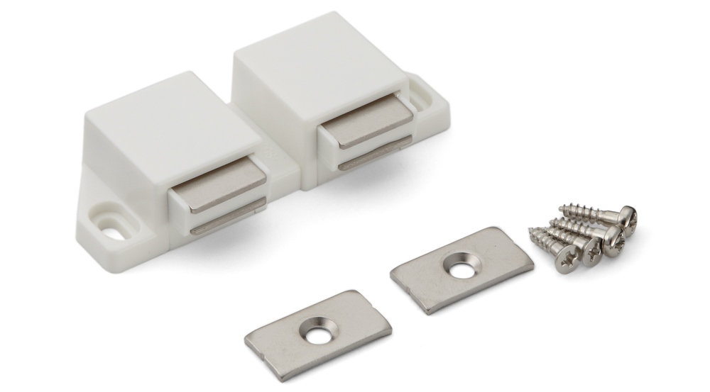 Kompakter Magnet-Druckschnäpper, inkl. Gegenplatte, Oberfläche: weiß, 25 mm (63/64″), Ausführung: mit 2 Stößeln, ML-30WW. Platzsparender Doppel-Türöffner für Möbeltüren, Schranktüren und vieles mehr, von Sugatsune / LAMP® (Japan) – Bild 3