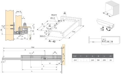 Unterflurführungen, 3123005, 250 mm (9-27/32″), von EMUCA, Tragkraft: 25 kg (56 lbs), Ausführung: Teilauszug mit Push-to-open. Technische Zeichnung