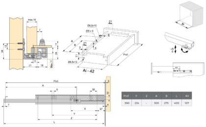 Unterflurführungen, 3123305, 400 mm (15-3/4″), von EMUCA, Tragkraft: 25 kg (56 lbs), Ausführung: Teilauszug mit Push-to-open. Technische Zeichnung