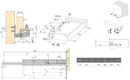 Unterflurführungen, 3123405, 450 mm (17-23/32″), von EMUCA, Tragkraft: 25 kg (56 lbs), Ausführung: Teilauszug mit Push-to-open. Technische Zeichnung