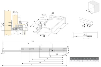 Unterflurführungen, 3019505, 500 mm (19-11/16″), von EMUCA, Tragkraft: 25 kg (56 lbs), Ausführung: Teilauszug mit Soft-Close. Technische Zeichnung