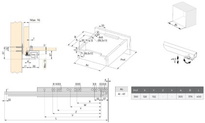 Unterflurführungen, 3124305, 400 mm (15-3/4″), von EMUCA, Tragkraft: 30 kg (67 lbs), Ausführung: Vollauszug mit Soft-Close. Technische Zeichnung