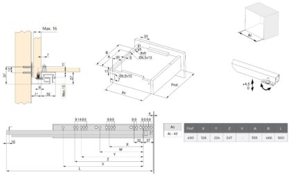 Unterflurführungen, 3124505, 500 mm (19-11/16″), von EMUCA, Tragkraft: 30 kg (67 lbs), Ausführung: Vollauszug mit Soft-Close. Technische Zeichnung