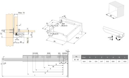 Unterflurführungen, 3124605, 550 mm (21-21/32″), von EMUCA, Tragkraft: 30 kg (67 lbs), Ausführung: Vollauszug mit Soft-Close. Technische Zeichnung