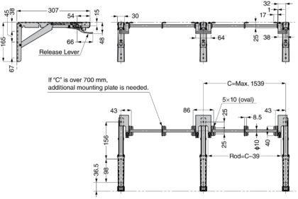 Praktische Verbindungsstange EB-907561 und EB-907572 von Sugatsune, Ausführung: für drei Klappkonsolen. Technische Zeichnung