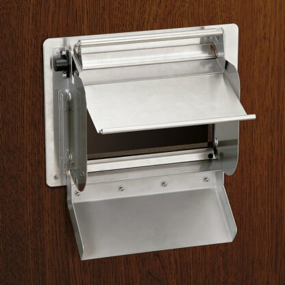 Hochwertige verschließbare rechteckige Müllklappe für die senkrechte Montage, mit Soft-Close, aus rostfreiem Edelstahl, AZ-GD230L-HL. Edelstahlmüllklappe mit Schloss für Gastronomie, Ladenbau und viel mehr, von Sugatsune / LAMP® (Japan) – Bild 8